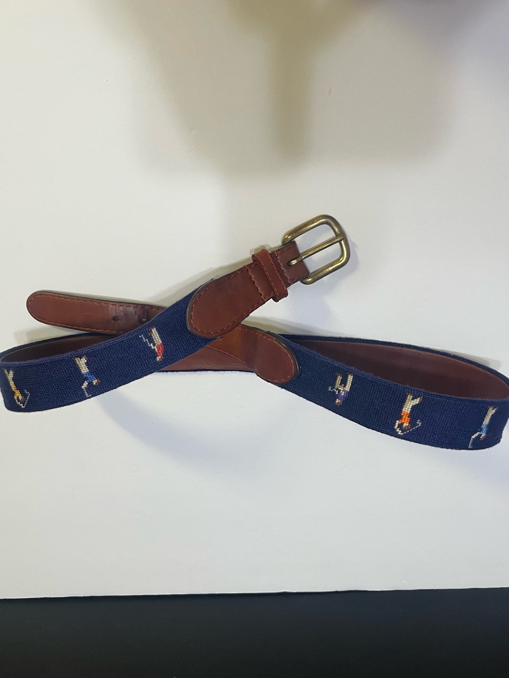 Golf  Embroidered Navy Cotton-Web Belt with Brown Leather Trim Brass Buckle